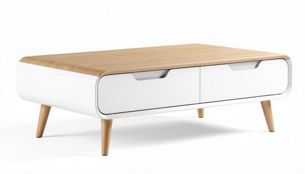 Table basse en bois de chêne blanc 120 x 75 x 40cm avec tiroirs