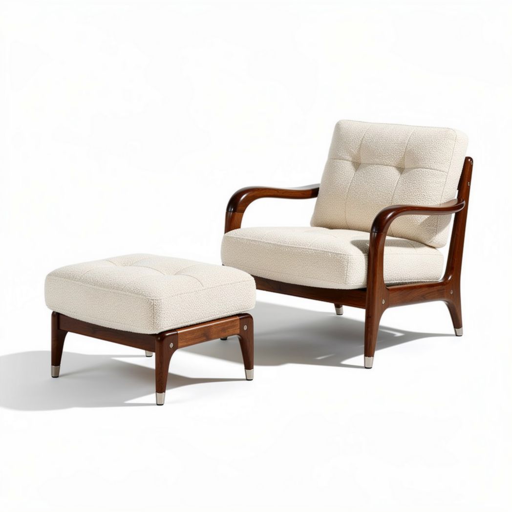 Fauteuil en bois avec repose-pieds en tissu crème 80 x 70 x 80cm