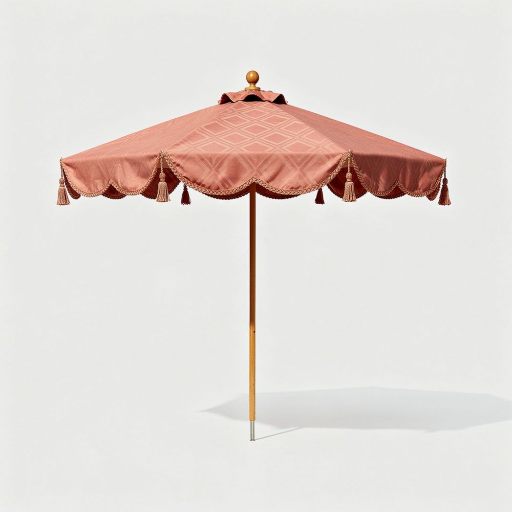 Parasol en tissu beige avec franges hauteur 250 cm diamètre 200 cm