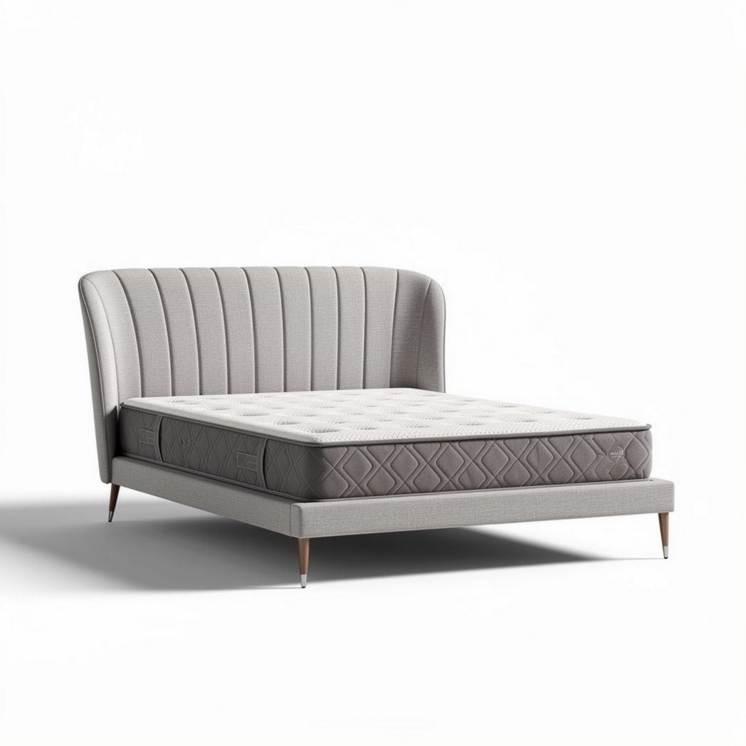 Lit moderne en tissu gris avec sommier et dimensions 200 x 160 x 100cm