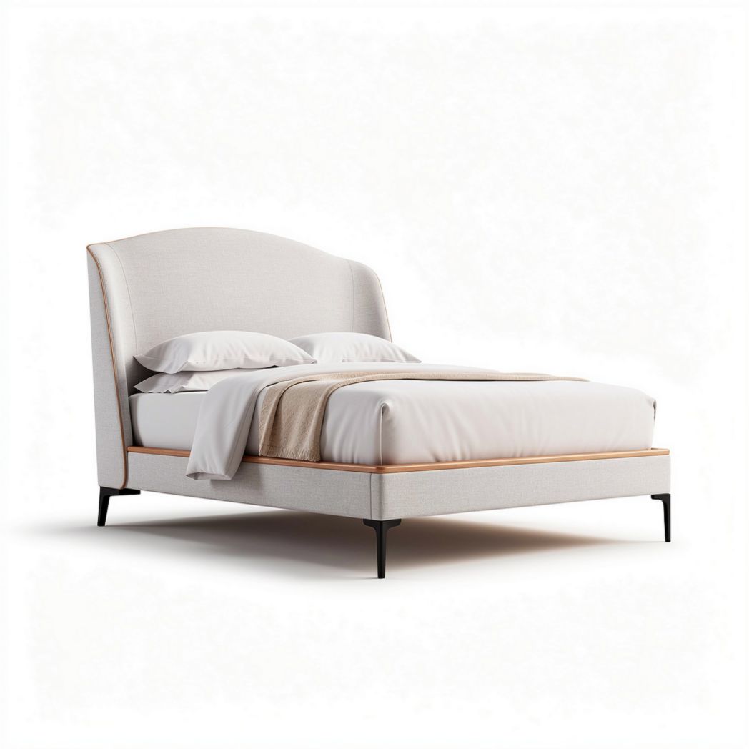 Lit en tissu beige avec tête de lit arrondie dimensions 200 x 160 x 100cm