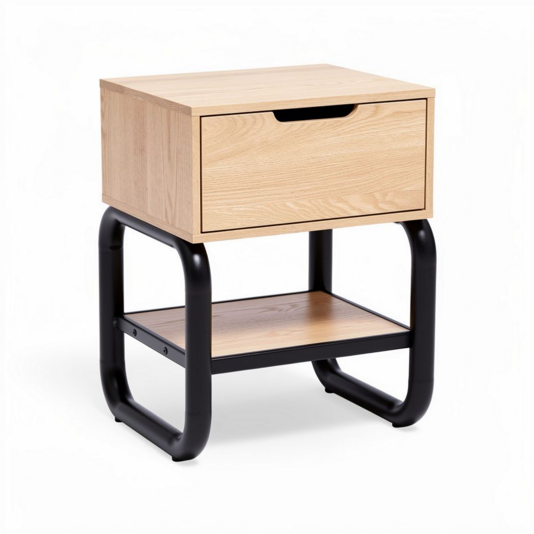 Table de chevet en bois de chêne avec tiroir et étagère noire 40 x 35 x 50cm
