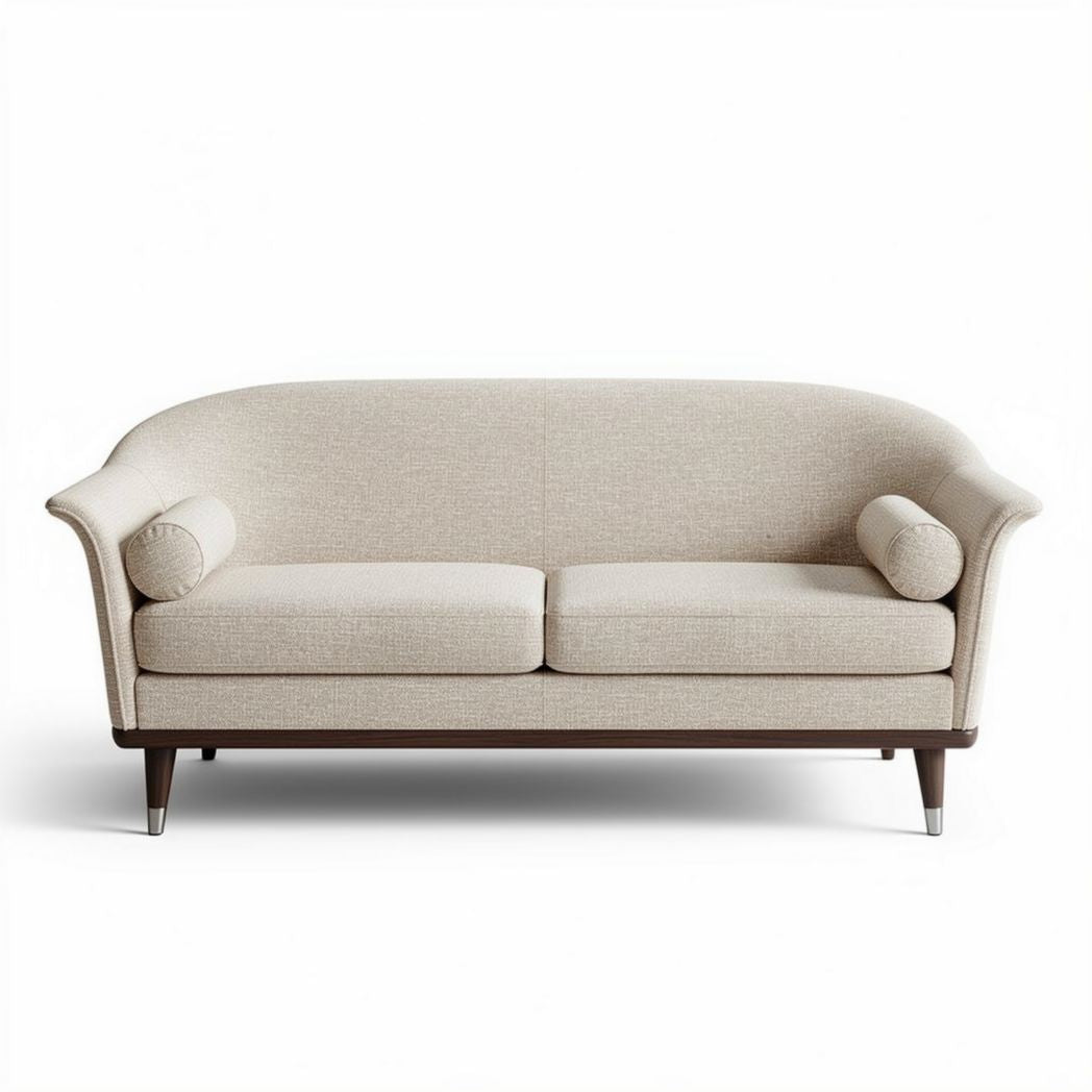 Canapé en tissu beige avec accoudoirs arrondis dimensions 150 x 80 x 90cm